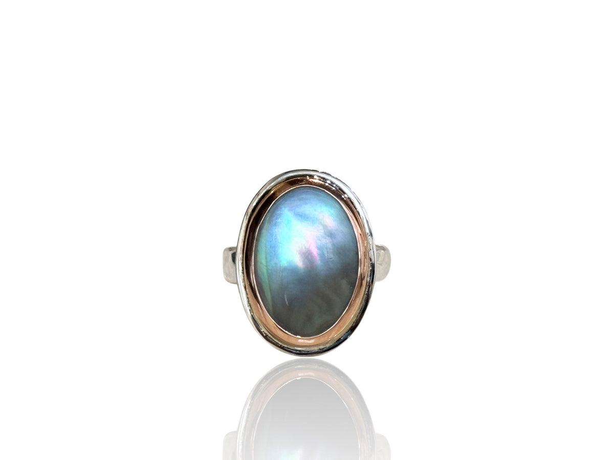 Black Mother of Pearl Oval Ring Rose Gold and Silver Size 6