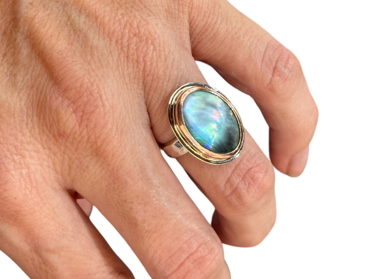 Black Mother of Pearl Oval Ring Rose Gold and Silver Size 6