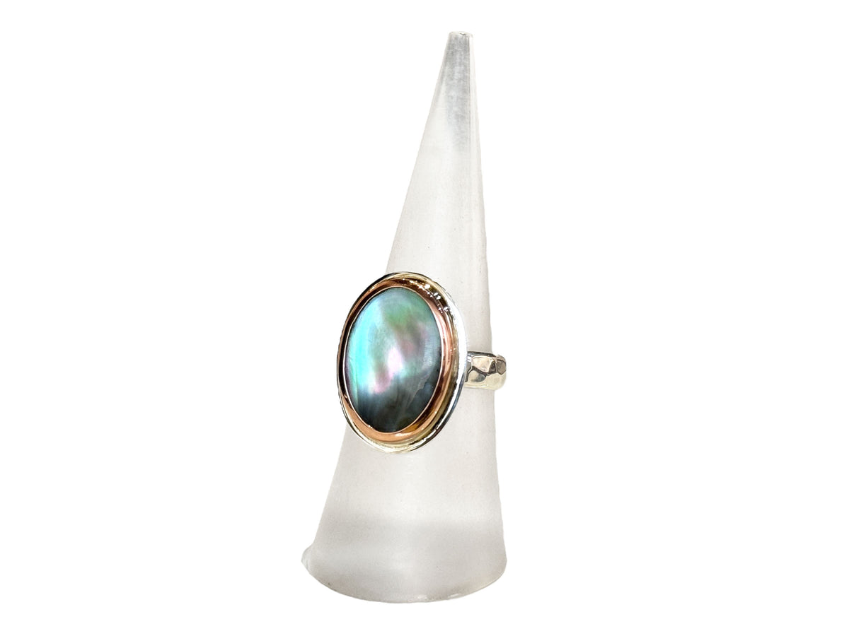 Black Mother of Pearl Oval Ring Rose Gold and Silver Size 6