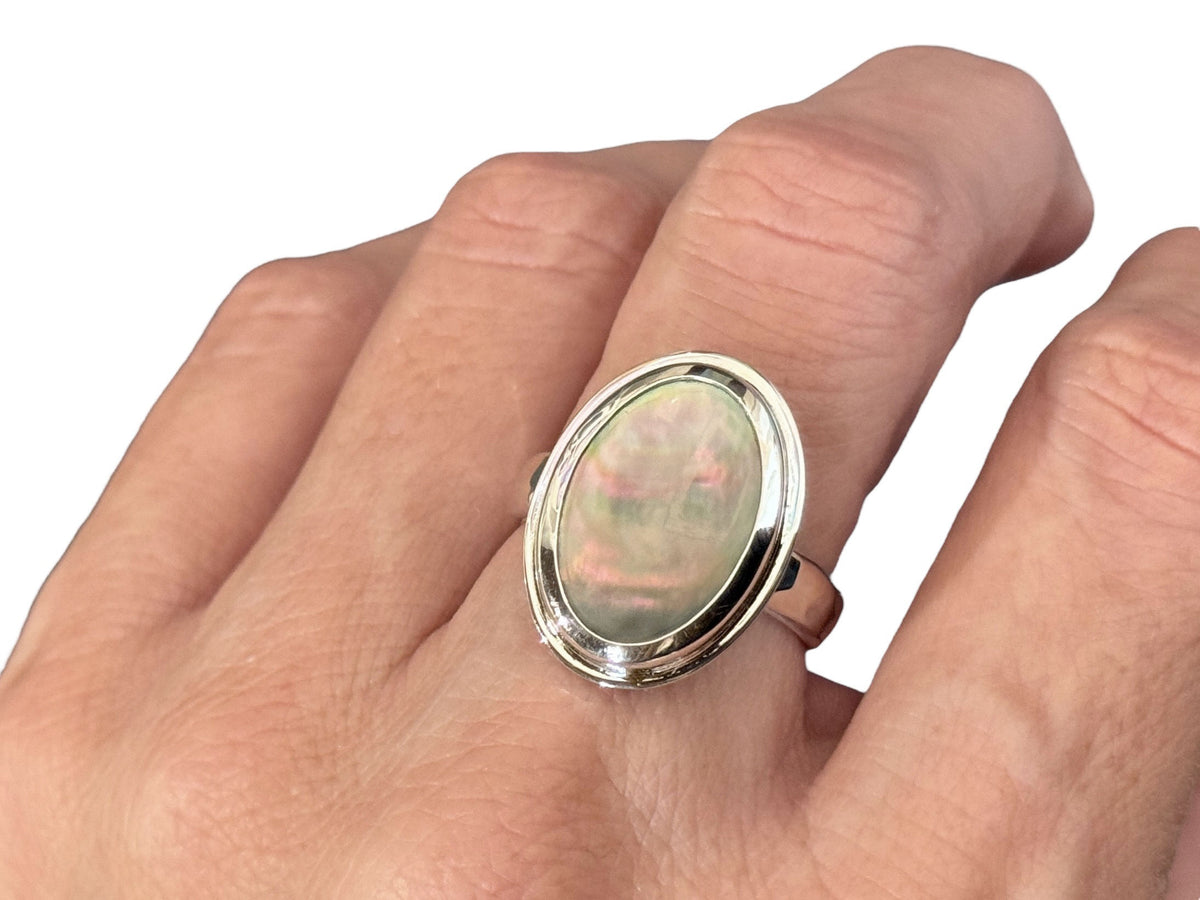 Black Oval Mother of Pearl Ring Sterling Silver