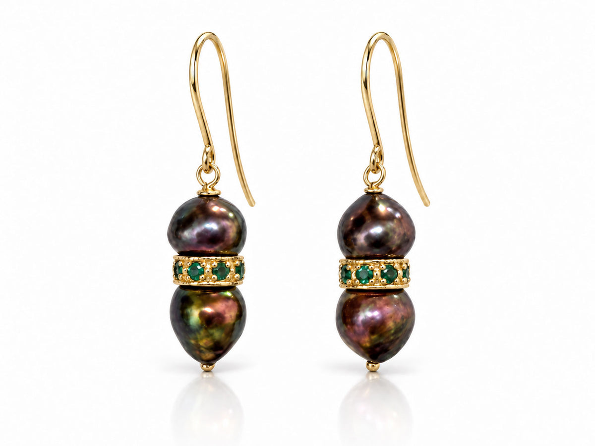 Peacock Baroque Pearl and Emerald Earrings 14kt Gold