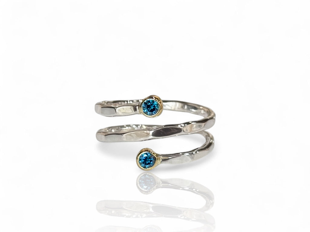 Blue Diamond Spiral Ring Silver and Gold