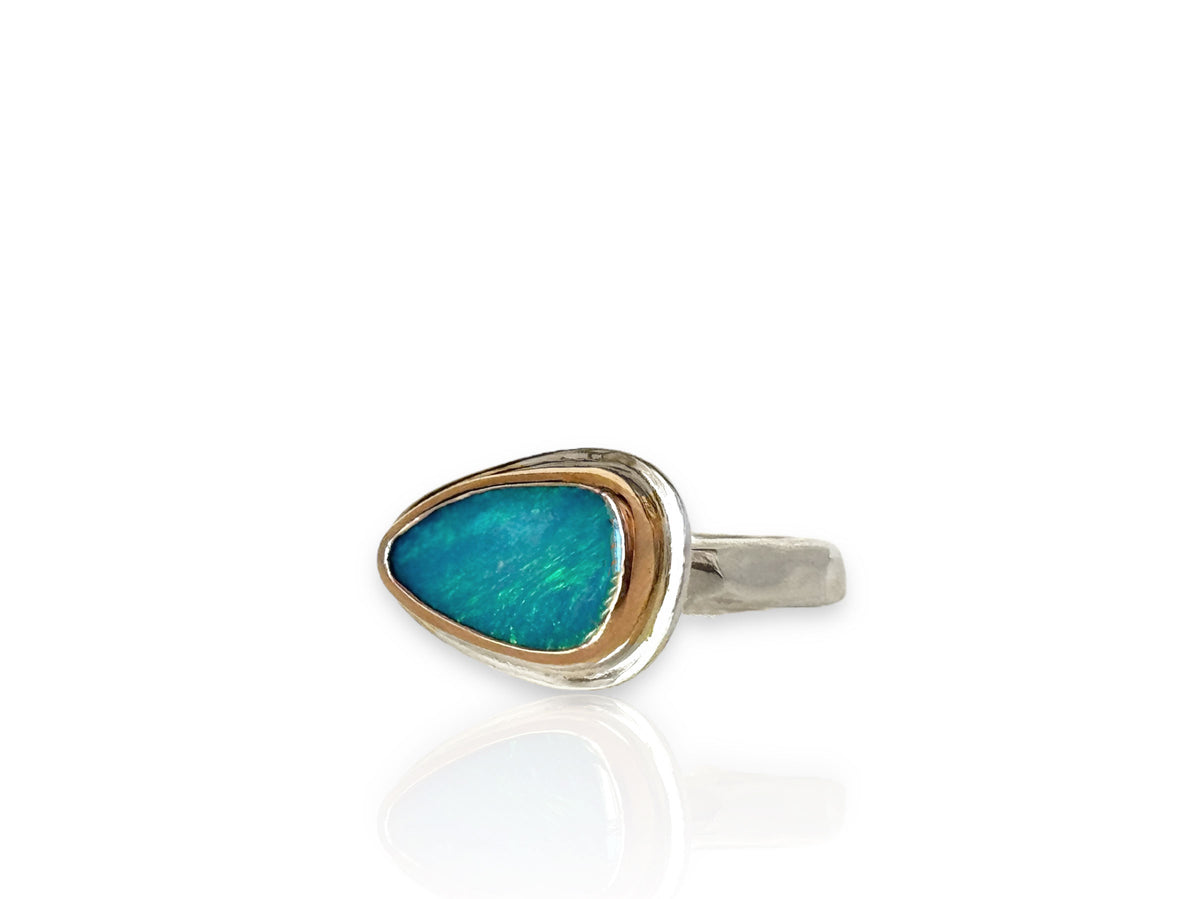 Blue Opal Ring Sterling Silver and Rose Gold Size 7