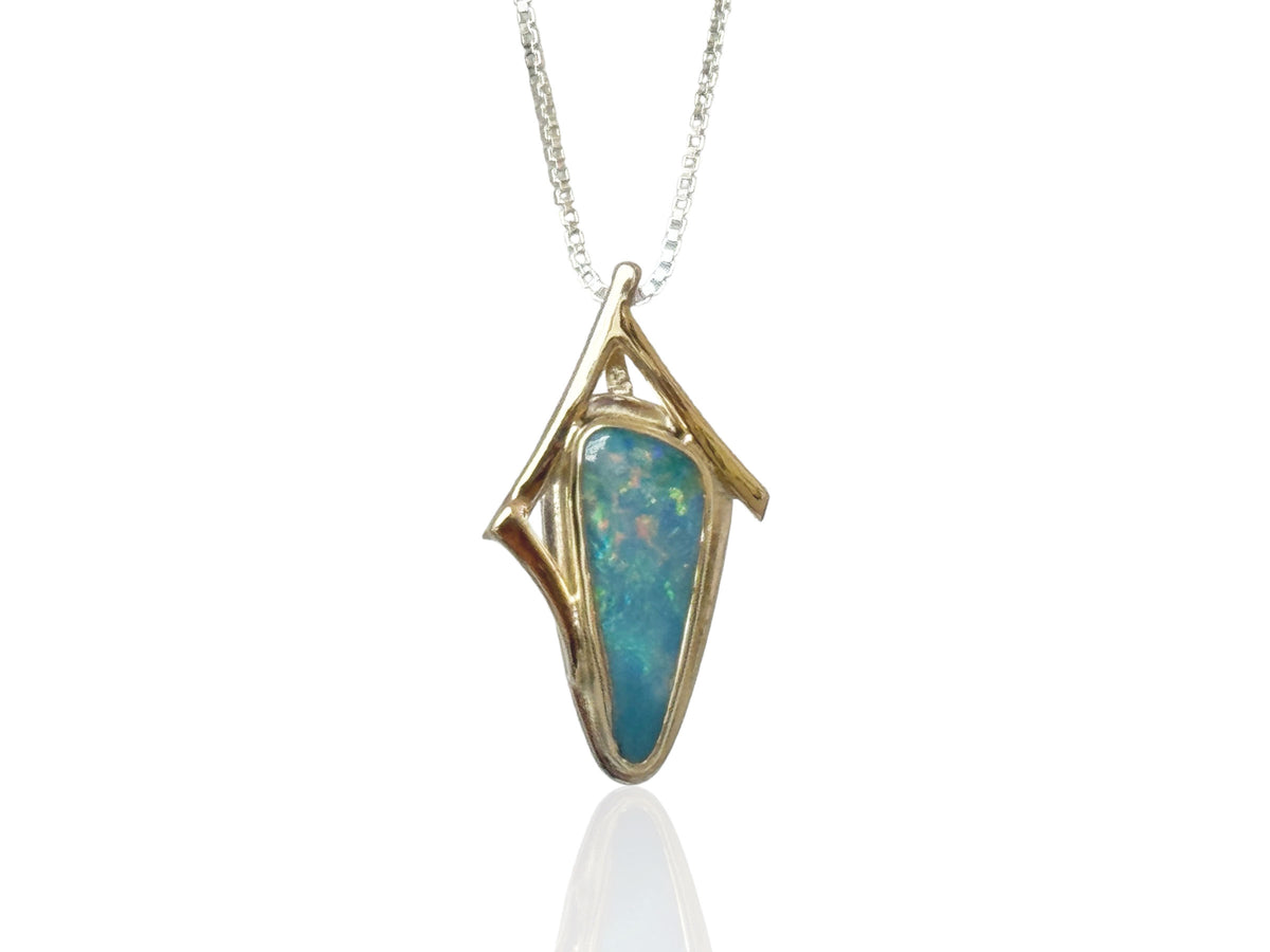 Blue Australian Opal Pendant with Abstract Setting Silver and Gold