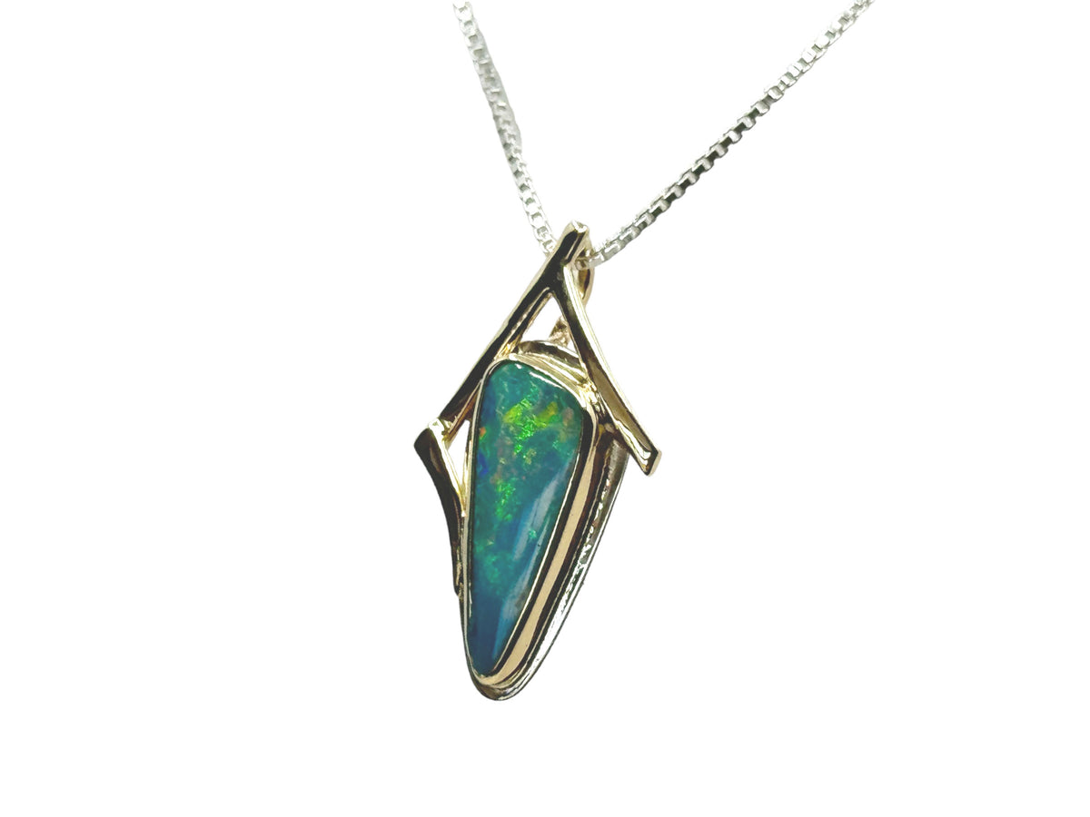 Blue Australian Opal Pendant with Abstract Setting Silver and Gold