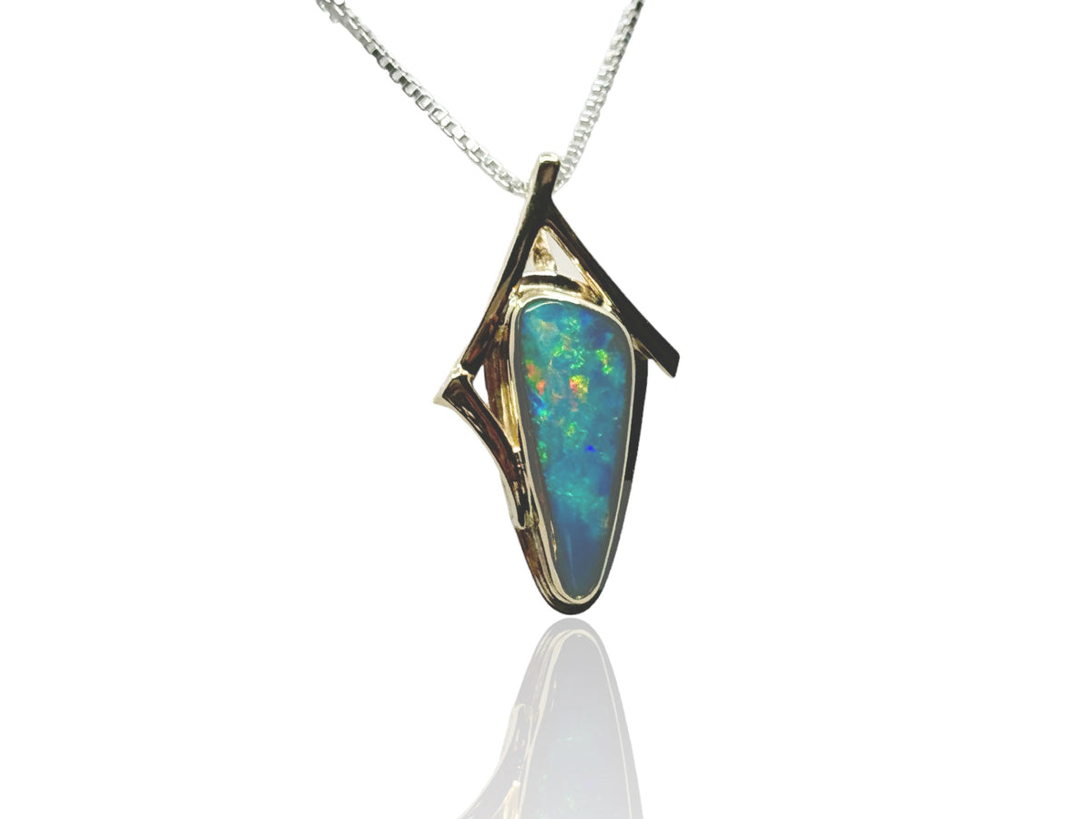 Blue Australian Opal Pendant with Abstract Setting Silver and Gold