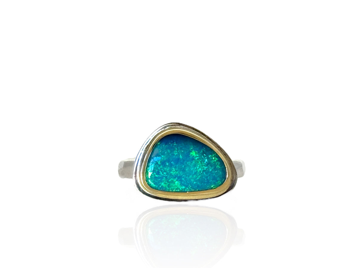 Australian Blue Opal Ring Silver and Gold Size 8