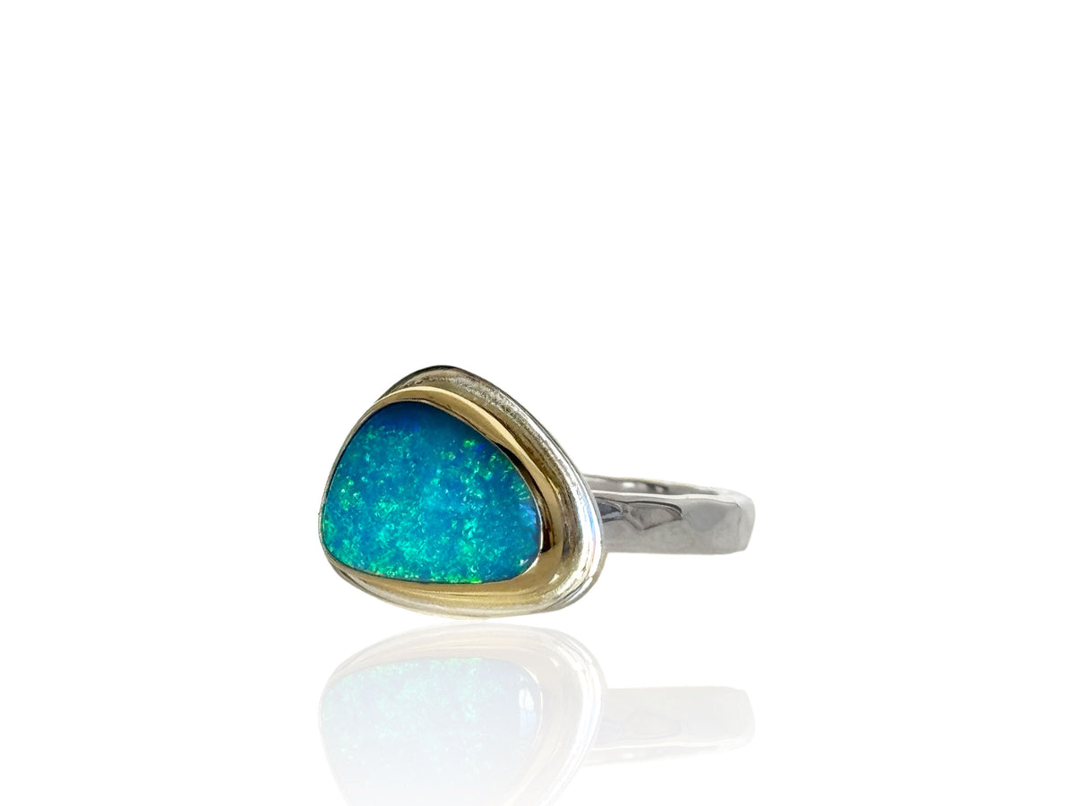 Australian Blue Opal Ring Silver and Gold Size 8