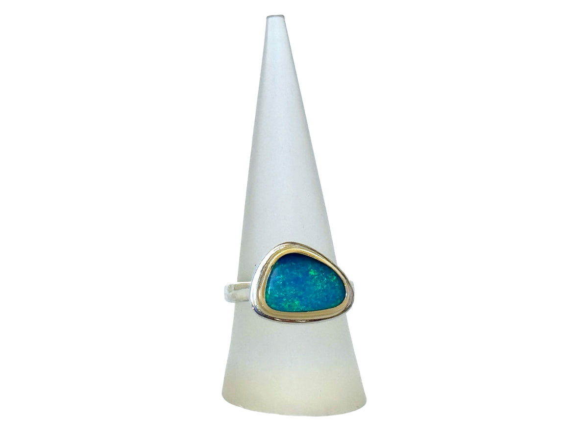 Australian Blue Opal Ring Silver and Gold Size 8