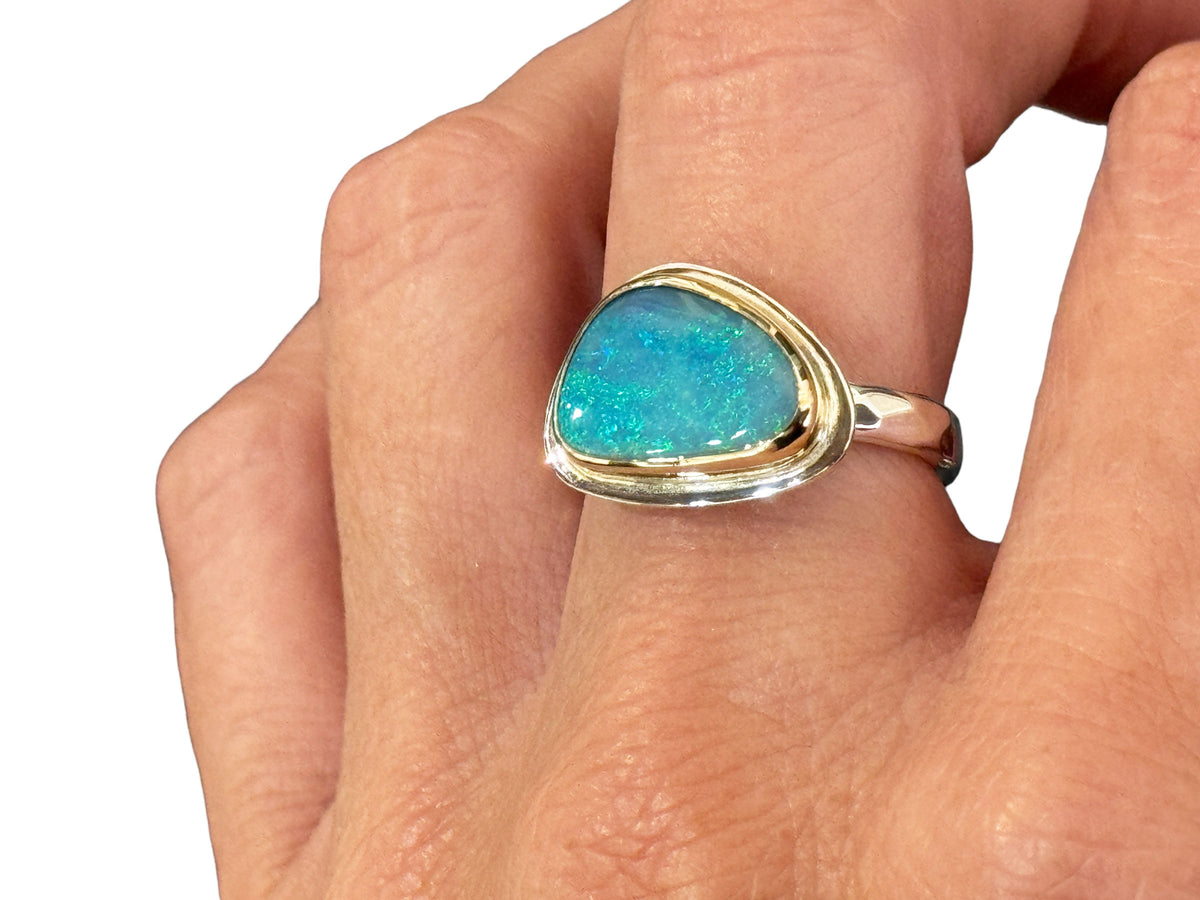 Australian Blue Opal Ring Silver and Gold Size 8