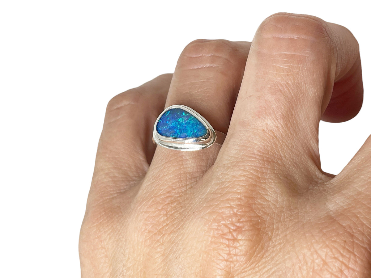 Blue Opal Silver Ring Freeform Shape Size 7