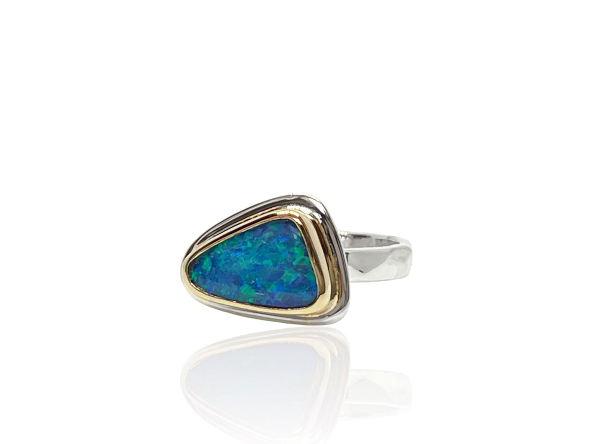 Blue Opal Ring Sterling Silver and Gold Size 7