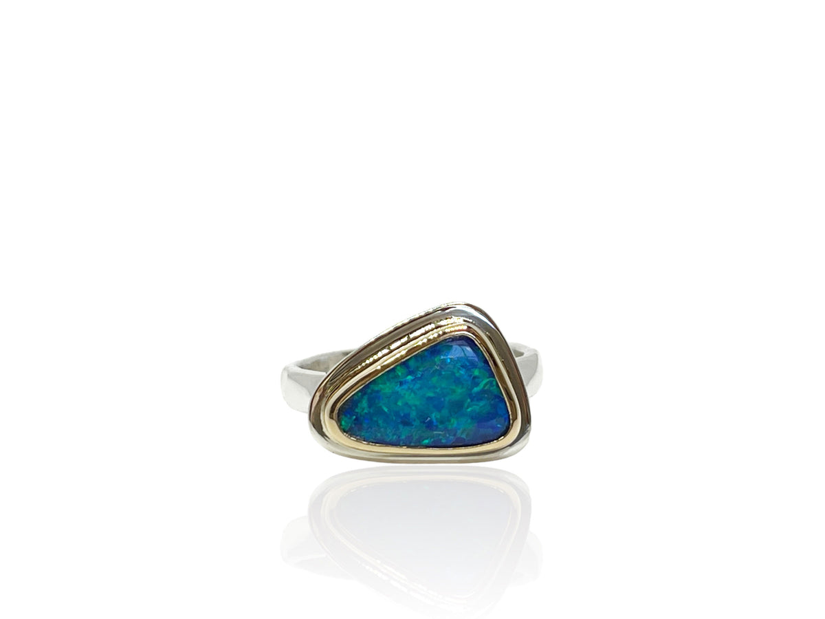 Blue Opal Ring Sterling Silver and Gold Size 7
