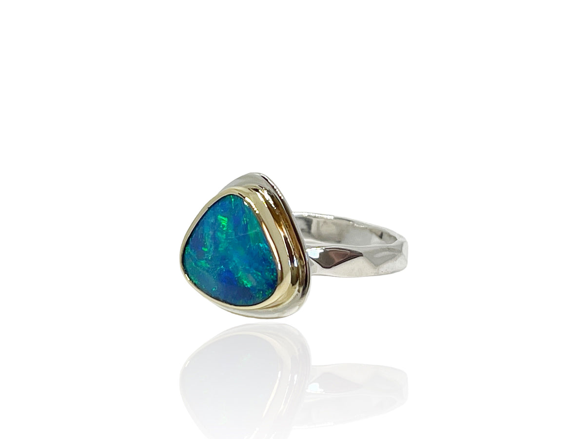 Australian Blue Opal Ring Silver and Gold Size 8