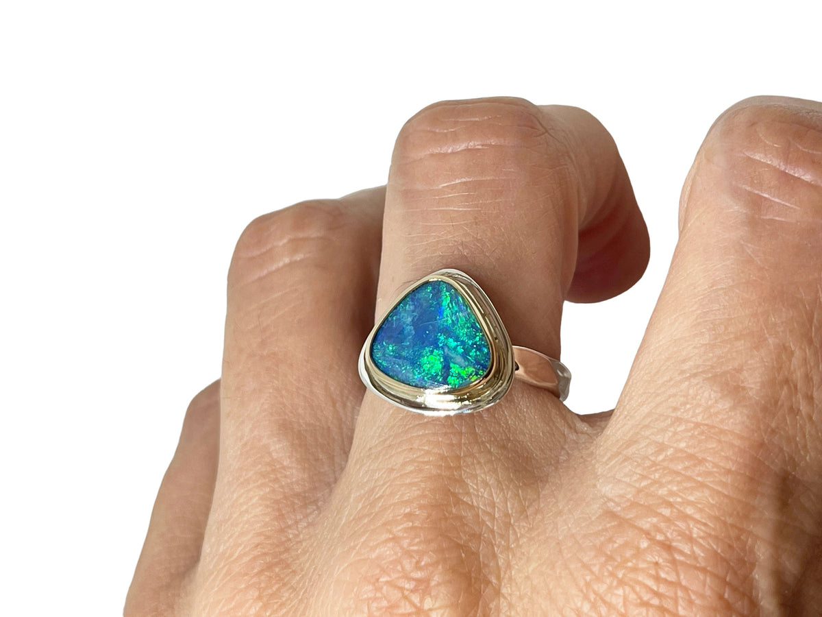Australian Blue Opal Ring Silver and Gold Size 8