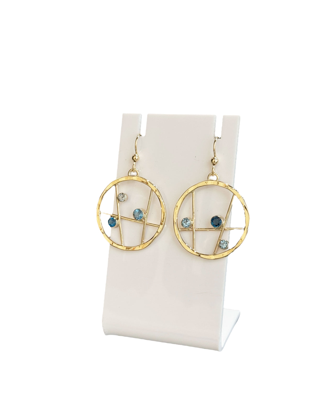 Small Gold Hammered Hoop Earrings with Blue Topaz