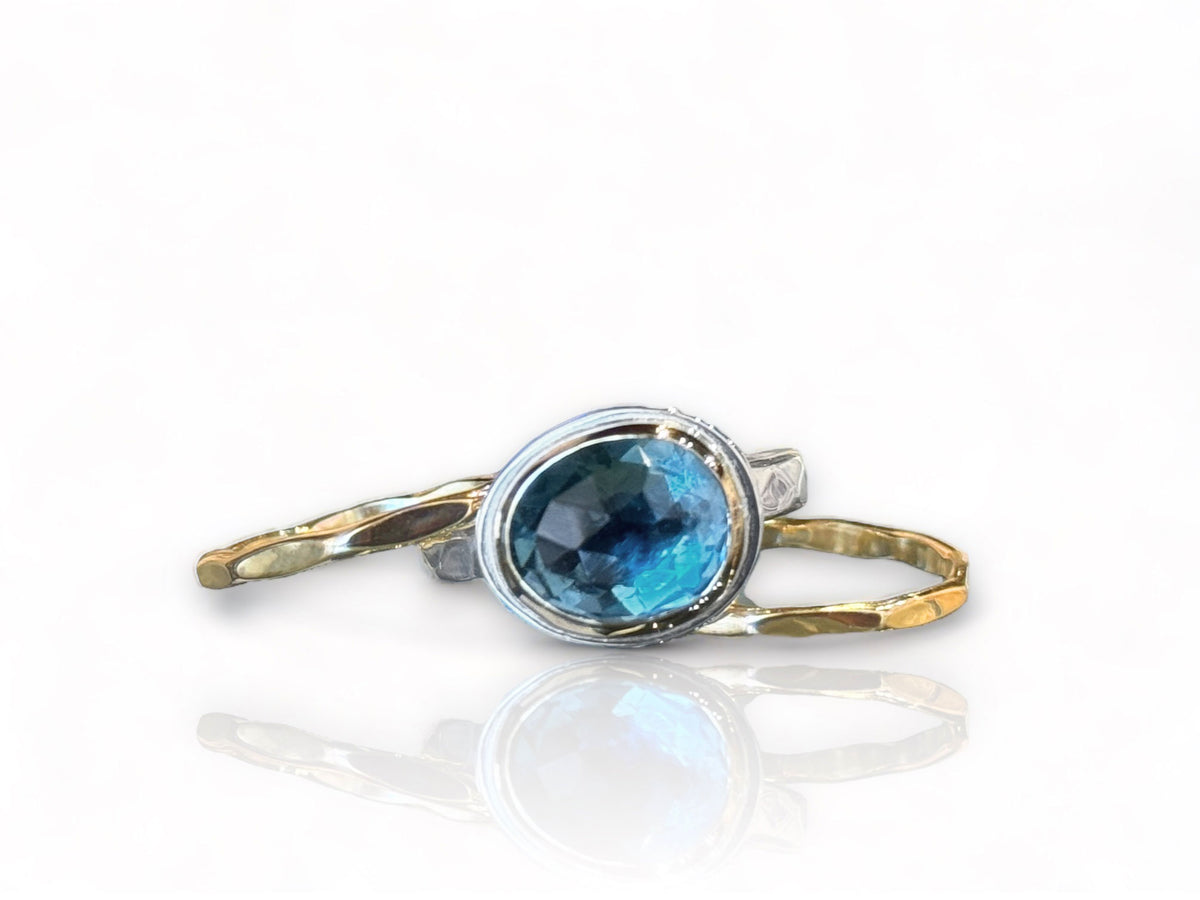 Blue Topaz Rose Cut Ring Silver and Gold Size 7