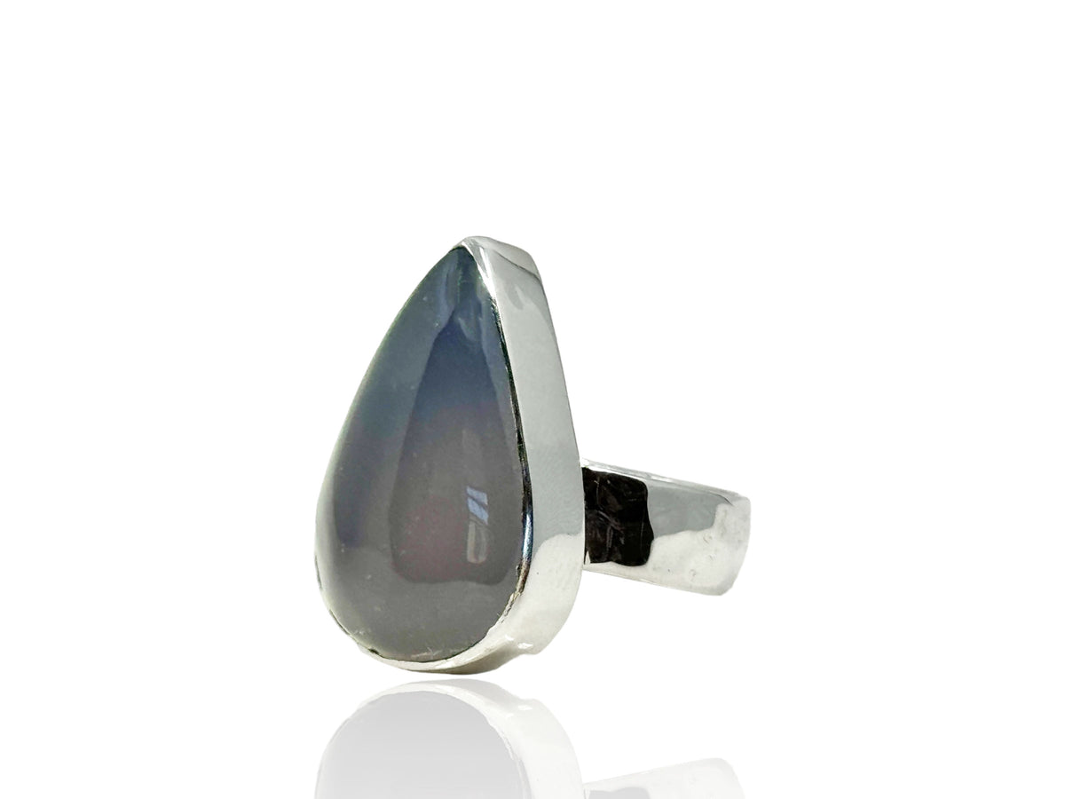 Chalcedony Pear Shaped Ring in Silver with Wide Band