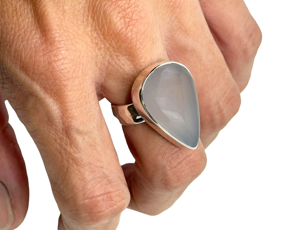 Chalcedony Pear Shaped Ring in Silver with Wide Band