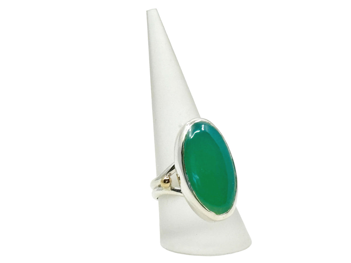 Chrysoprase Long Oval Ring with Split Band and Gold Accent