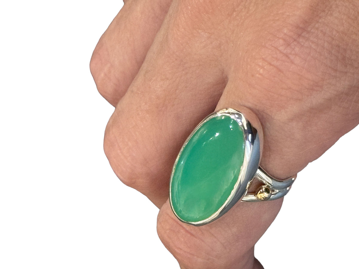 Chrysoprase Long Oval Ring with Split Band and Gold Accent