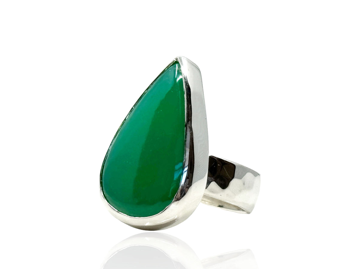 Chrysoprase Pear Shaped Statement Ring with Hammered Band