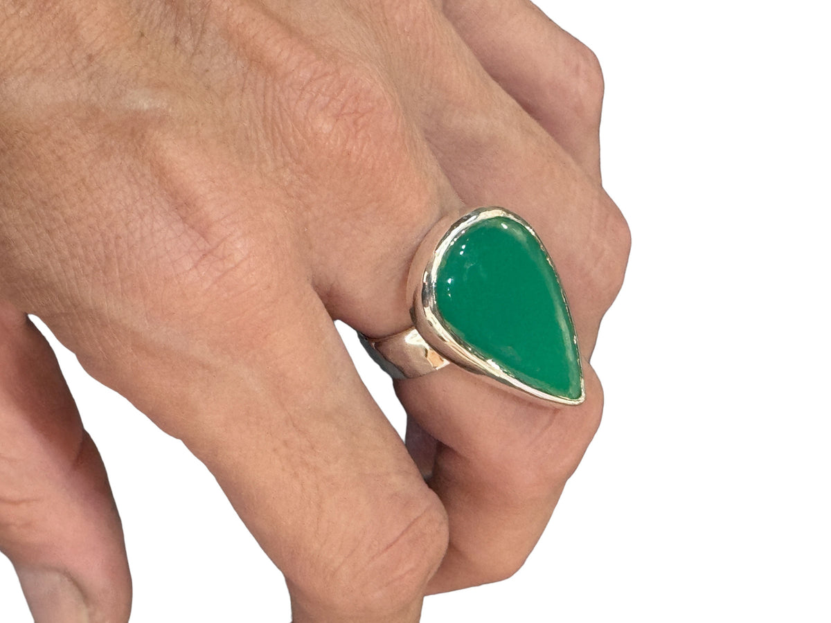 Chrysoprase Pear Shaped Statement Ring with Hammered Band