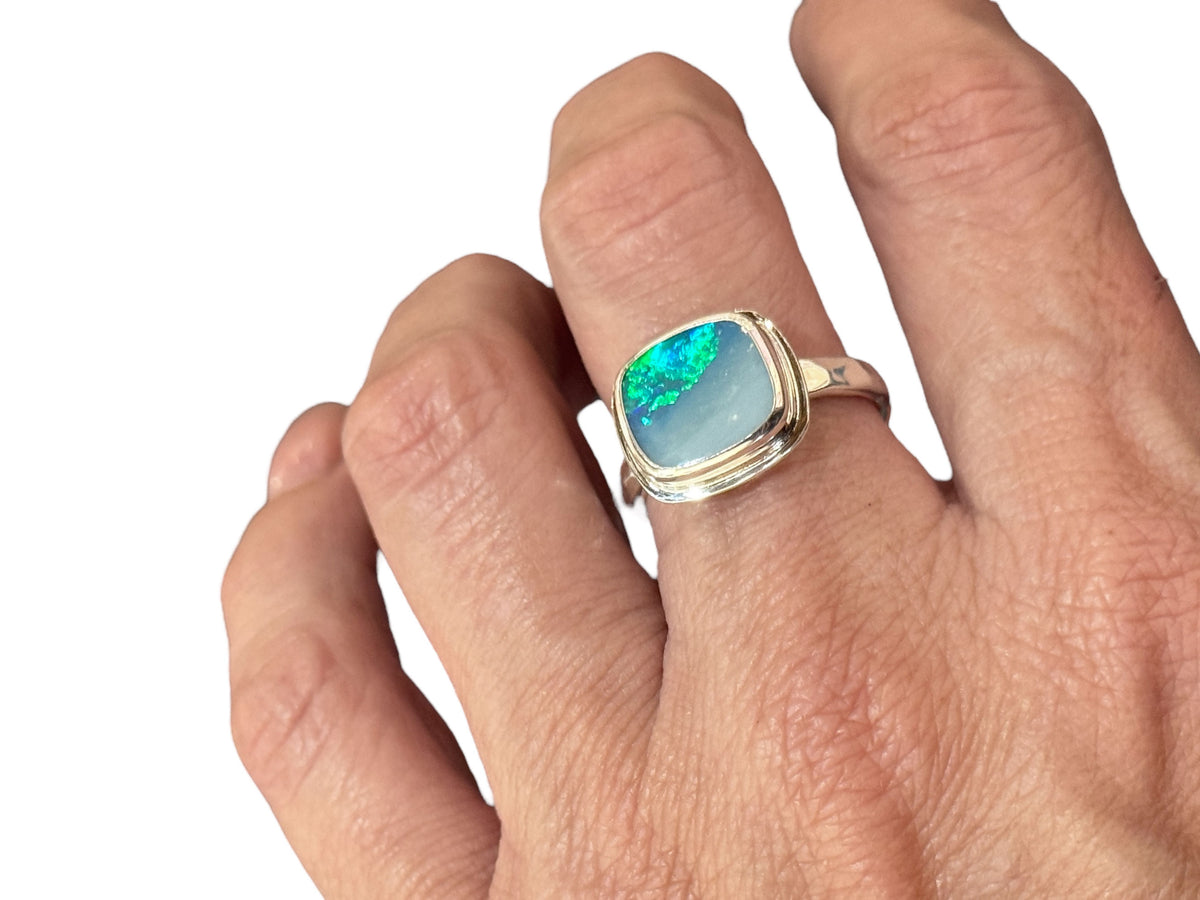 Cushion Cut Unique Blue Opal Ring Size 9