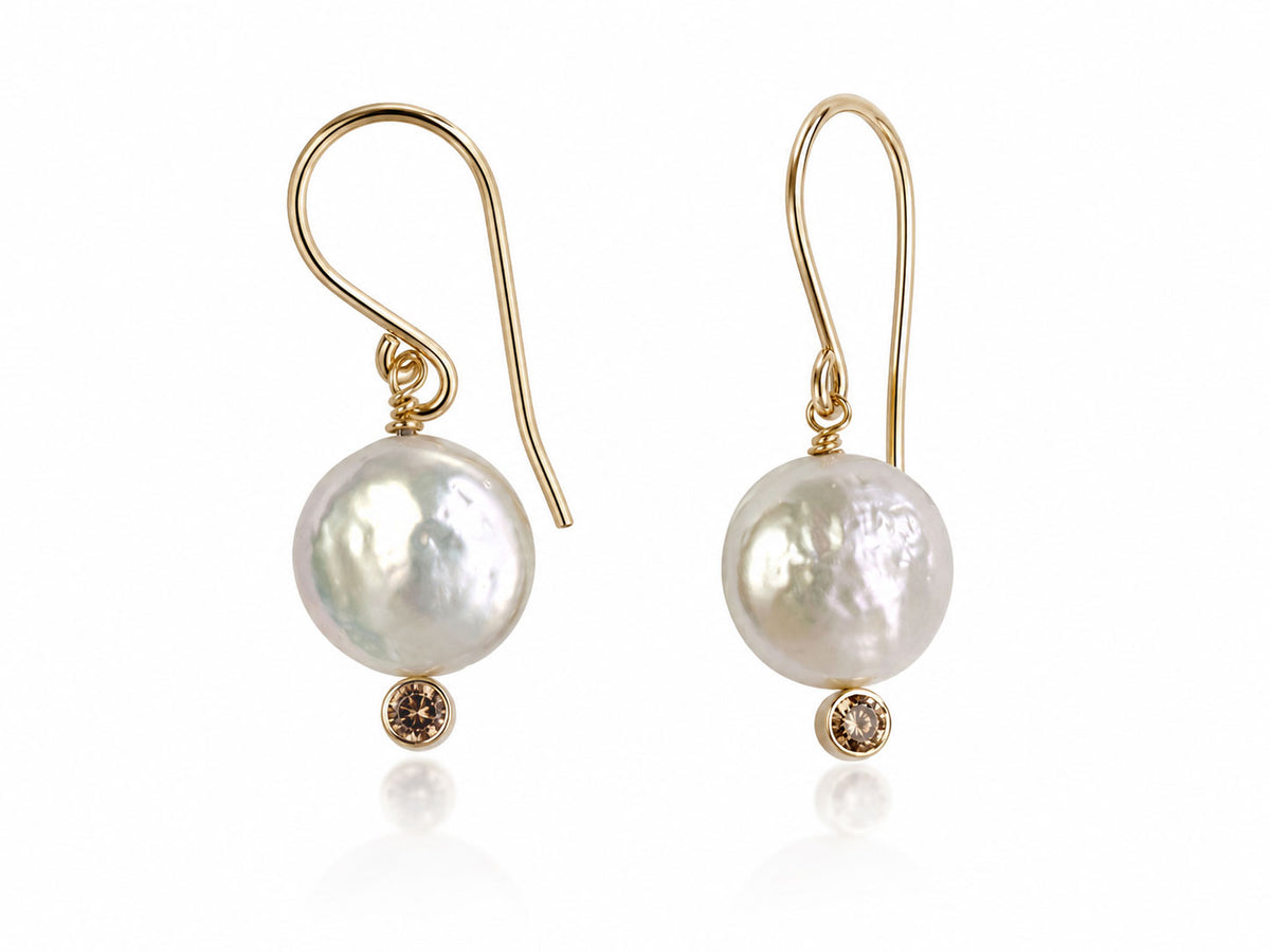 Coin Pearl Earrings with Champagne Diamonds