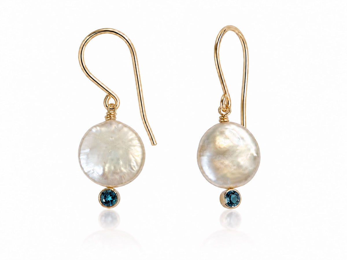White Coin Pearl Earrings with London Blue Topaz 14kt Gold