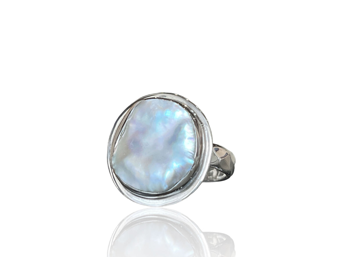 Organic Shaped Coin Pearl Ring Sterling Silver