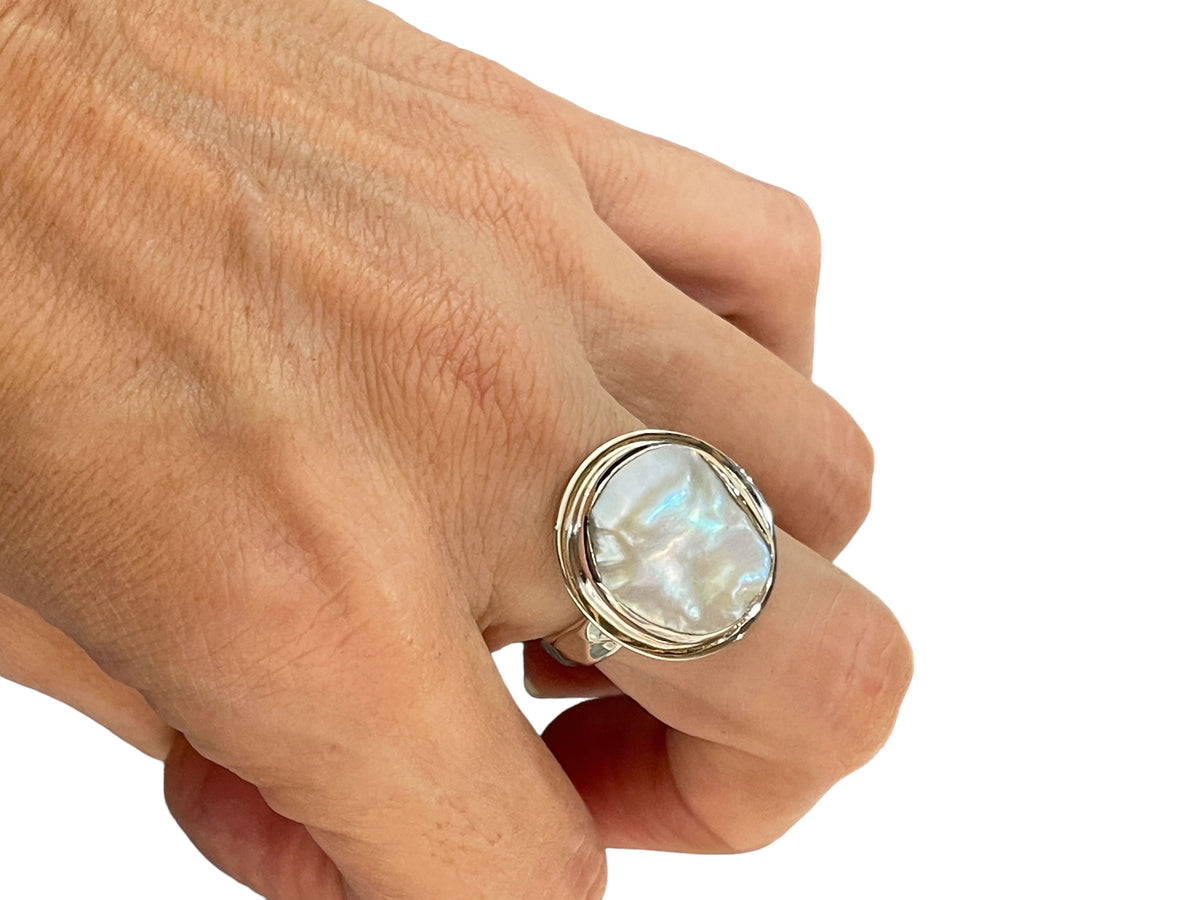 Organic Shaped Coin Pearl Ring Sterling Silver