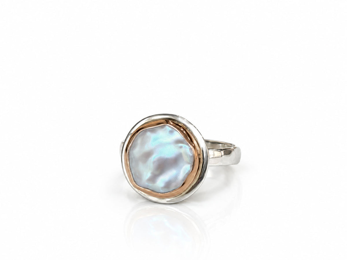 Coin Pearl Ring Rose Gold and Silver Size 8