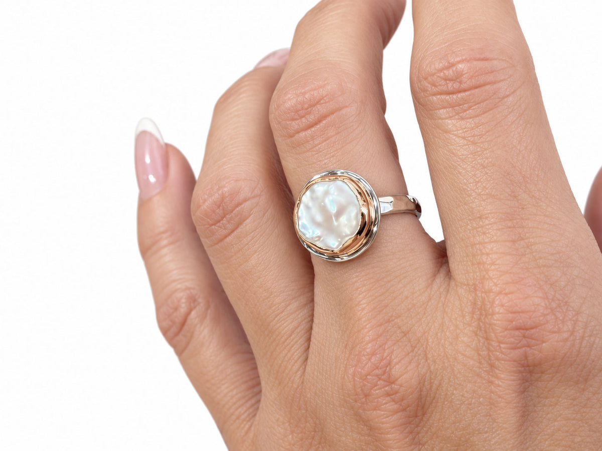 Coin Pearl Ring Rose Gold and Silver Size 8
