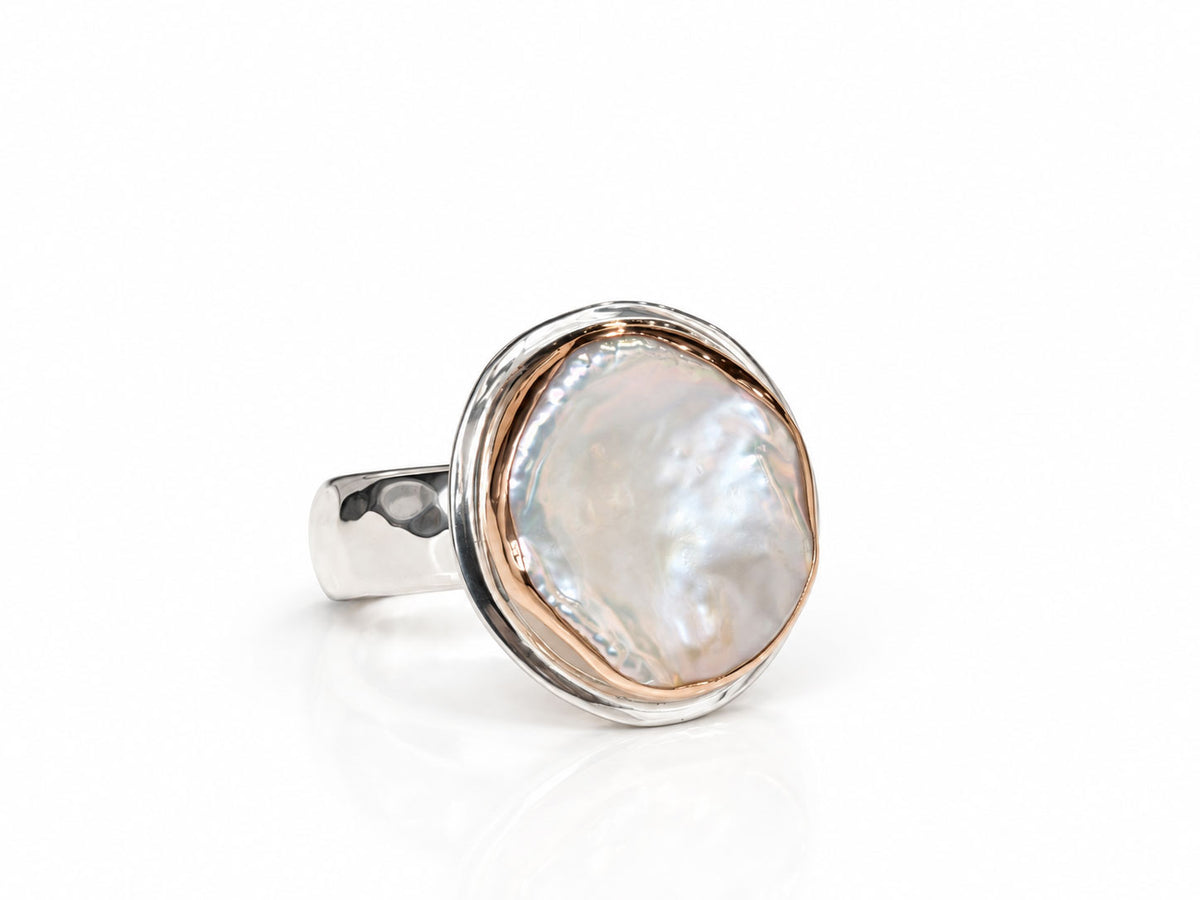 Organic Shaped Coin Pearl Ring Sterling Silver and Rose Gold