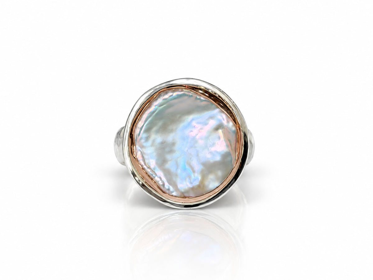 Organic Shaped Coin Pearl Ring Sterling Silver and Rose Gold