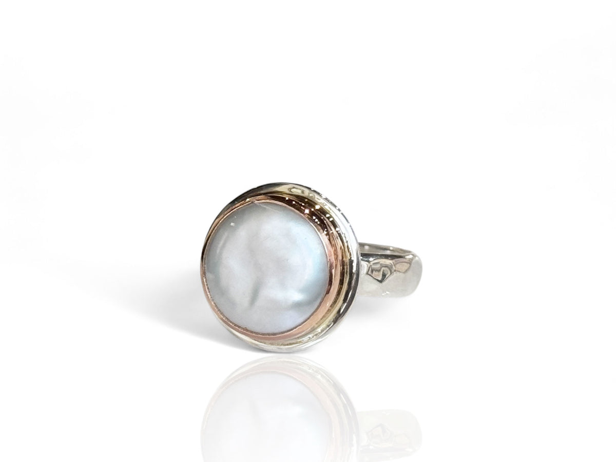 Coin Pearl Ring Rose Gold and Silver Size 7