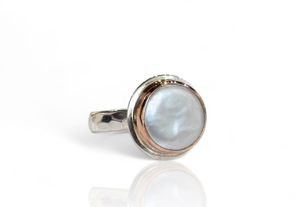Coin Pearl Ring Rose Gold and Silver Size 7