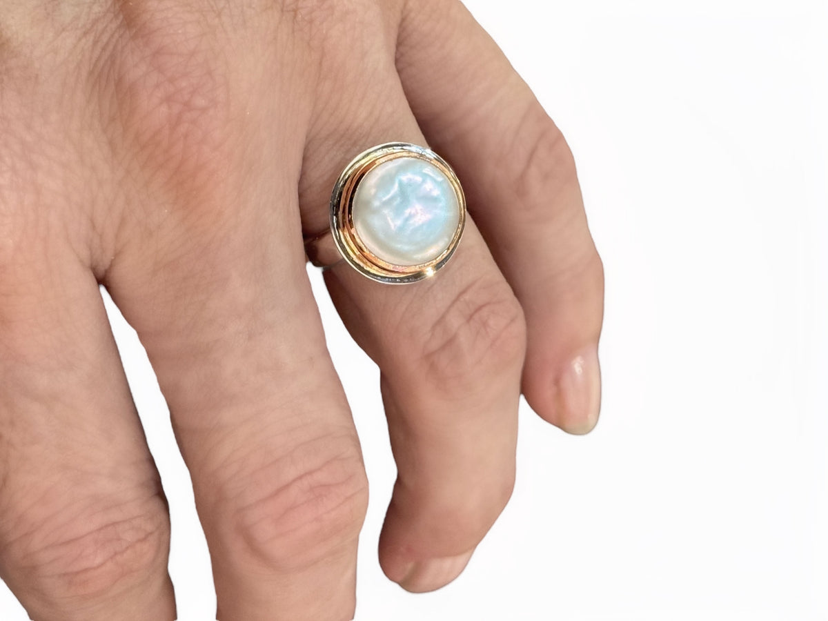 Coin Pearl Ring Rose Gold and Silver Size 7