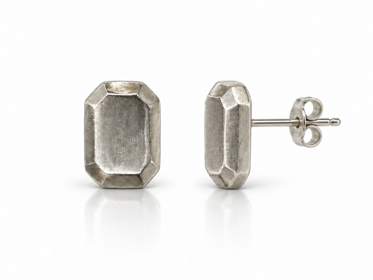 Emerald Step Cut Sterling Silver Facets Stud Earrings