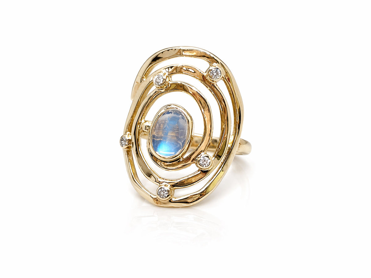 Gold Eye of the Storm Ring Moonstone and Diamond
