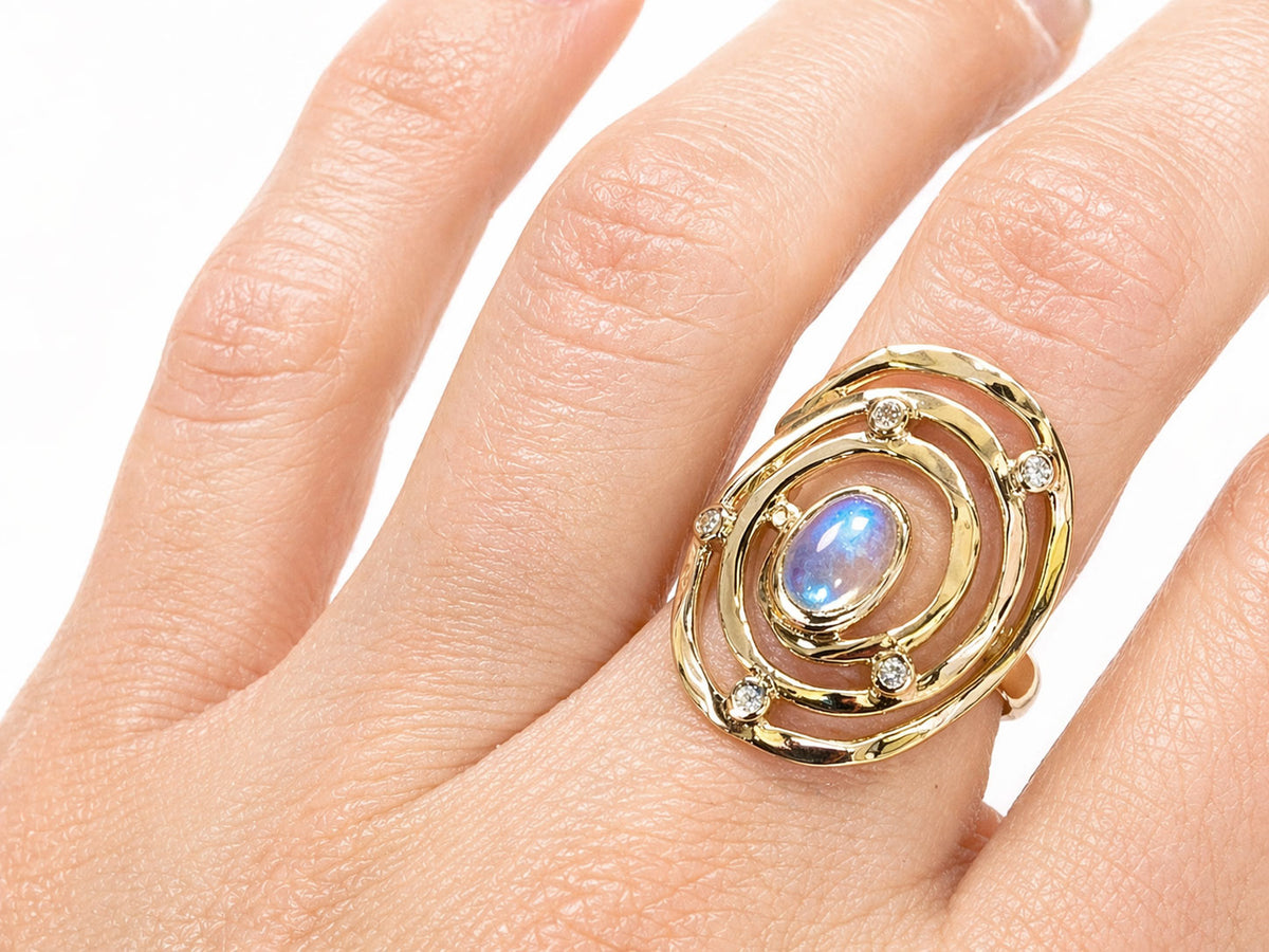 Gold Eye of the Storm Ring Moonstone and Diamond