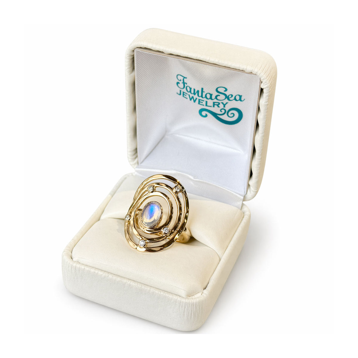 Gold Eye of the Storm Ring Moonstone and Diamond