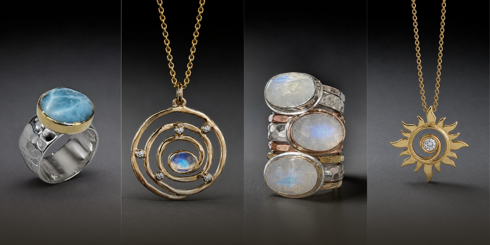 Four jewelry pieces displayed side by side on a dark studio background: a silver ring with a blue stone, a gold pendant necklace with a spiral motif and moonstone, a stacked ring with three moonstones and small clear stones, and a gold sun pendant necklace with a central clear stone.