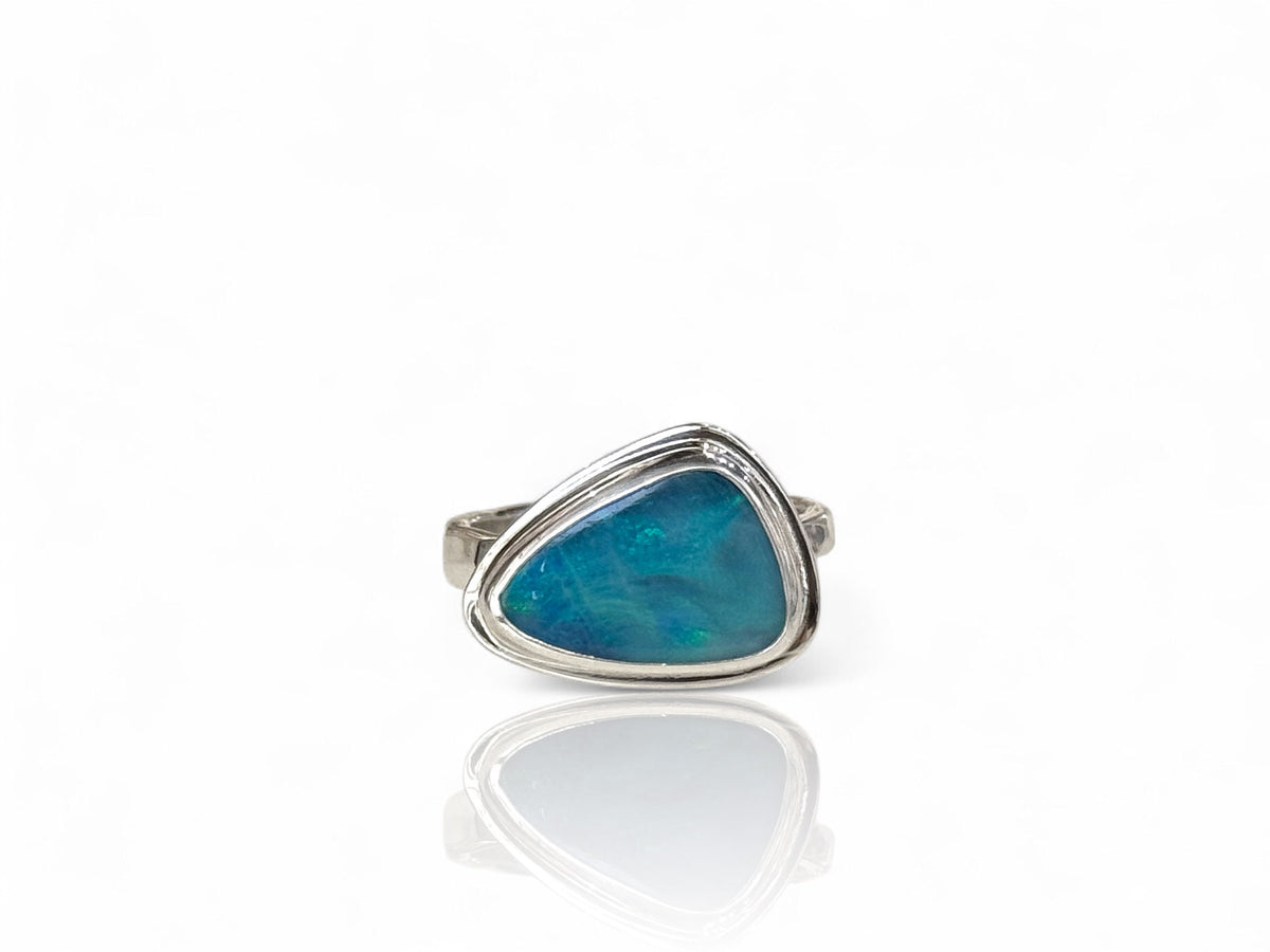 Blue Opal Silver Ring Freeform Shape Size 6