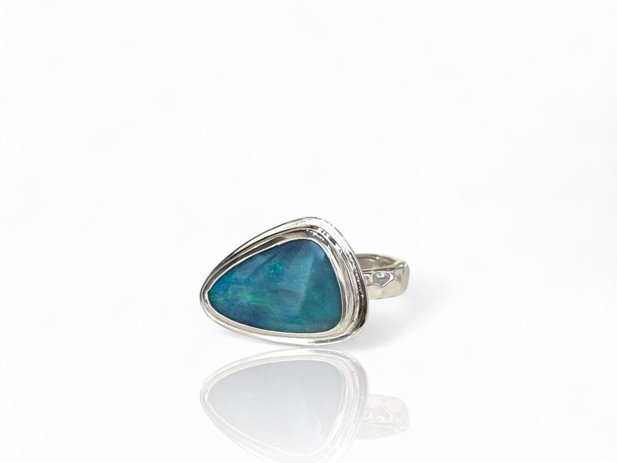 Blue Opal Silver Ring Freeform Shape Size 6