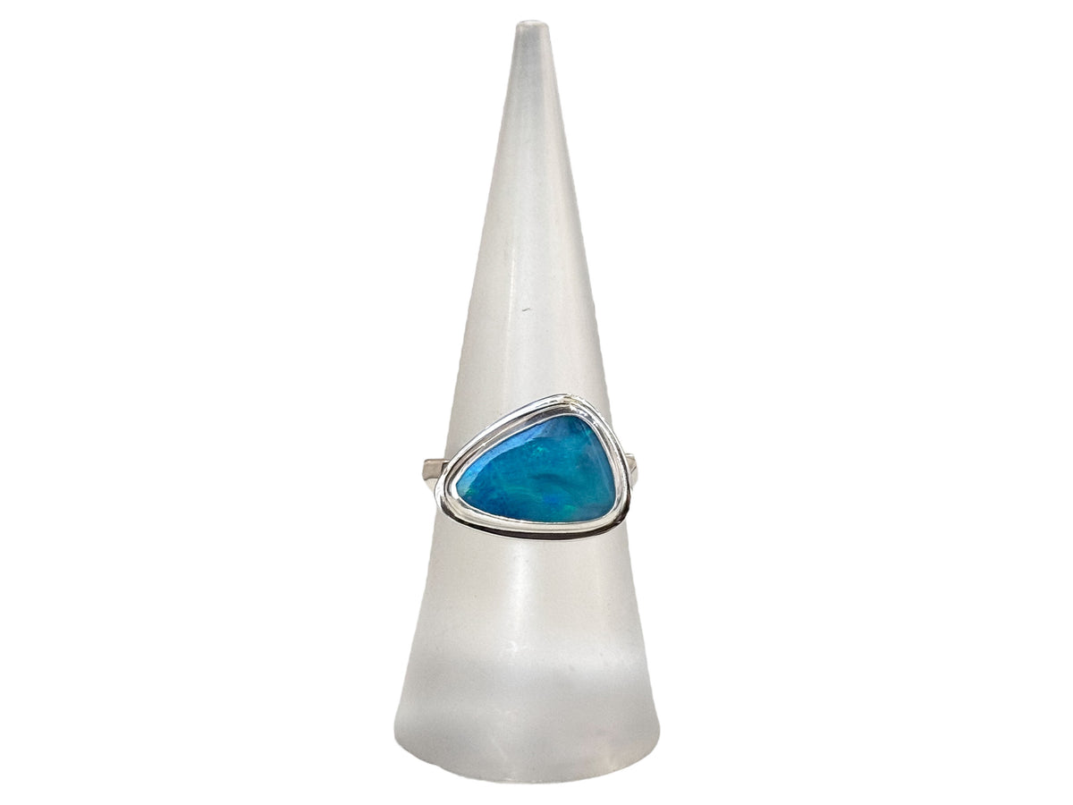 Blue Opal Silver Ring Freeform Shape Size 6