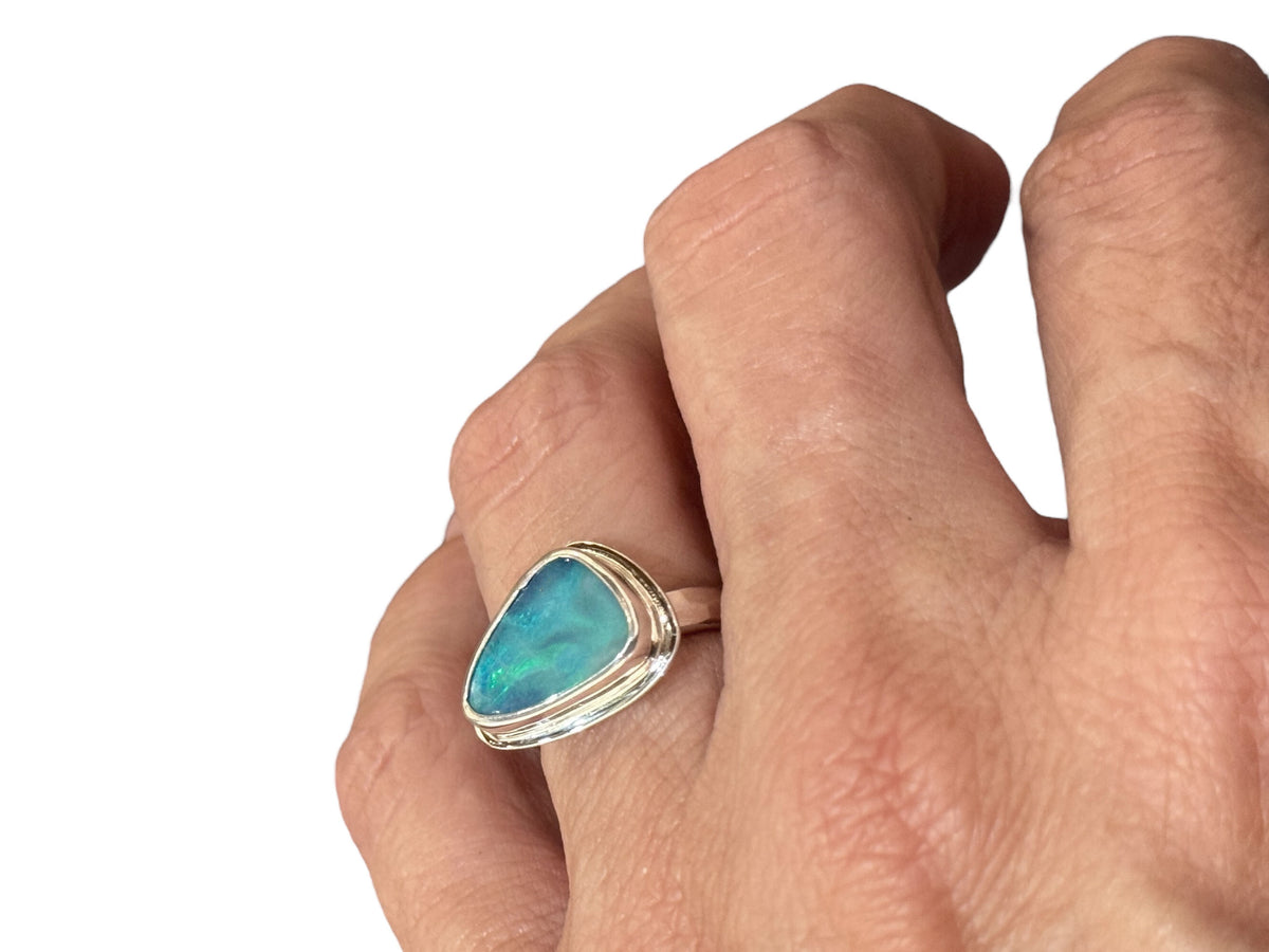 Blue Opal Silver Ring Freeform Shape Size 6