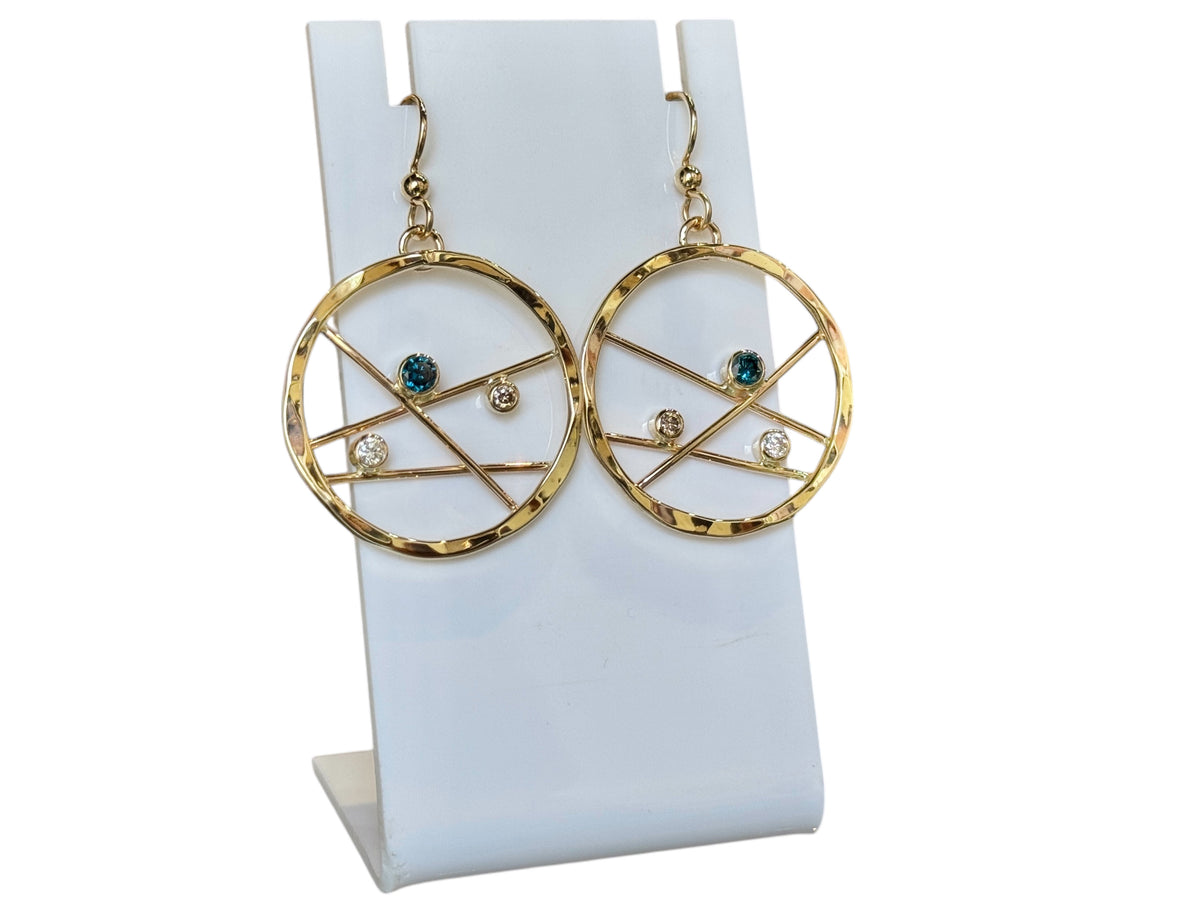 Gold Hammered Hoop Earrings with Blue, White and Champagne Diamonds