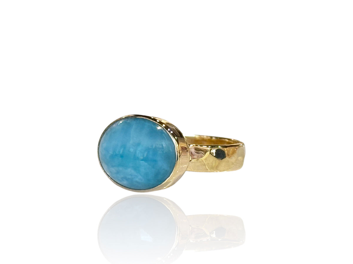 Larimar Oval Gold Ring Hammered Band